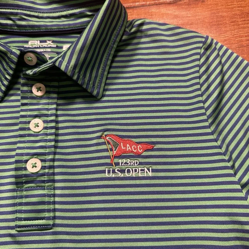 Ralph Lauren RLX Golf Polo Shirt Youth Boys 7 Green Stripe US Open 123rd LACC
